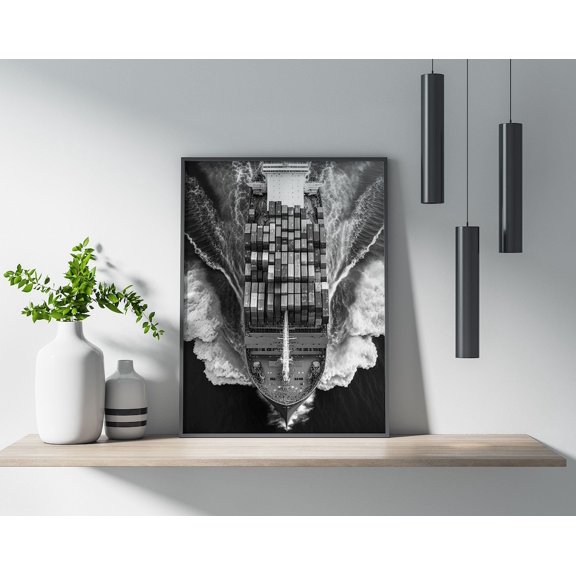 Black and White Cargo Ship Maritime Nautical Wall Decor, Unframed Paper Poster 8x10in