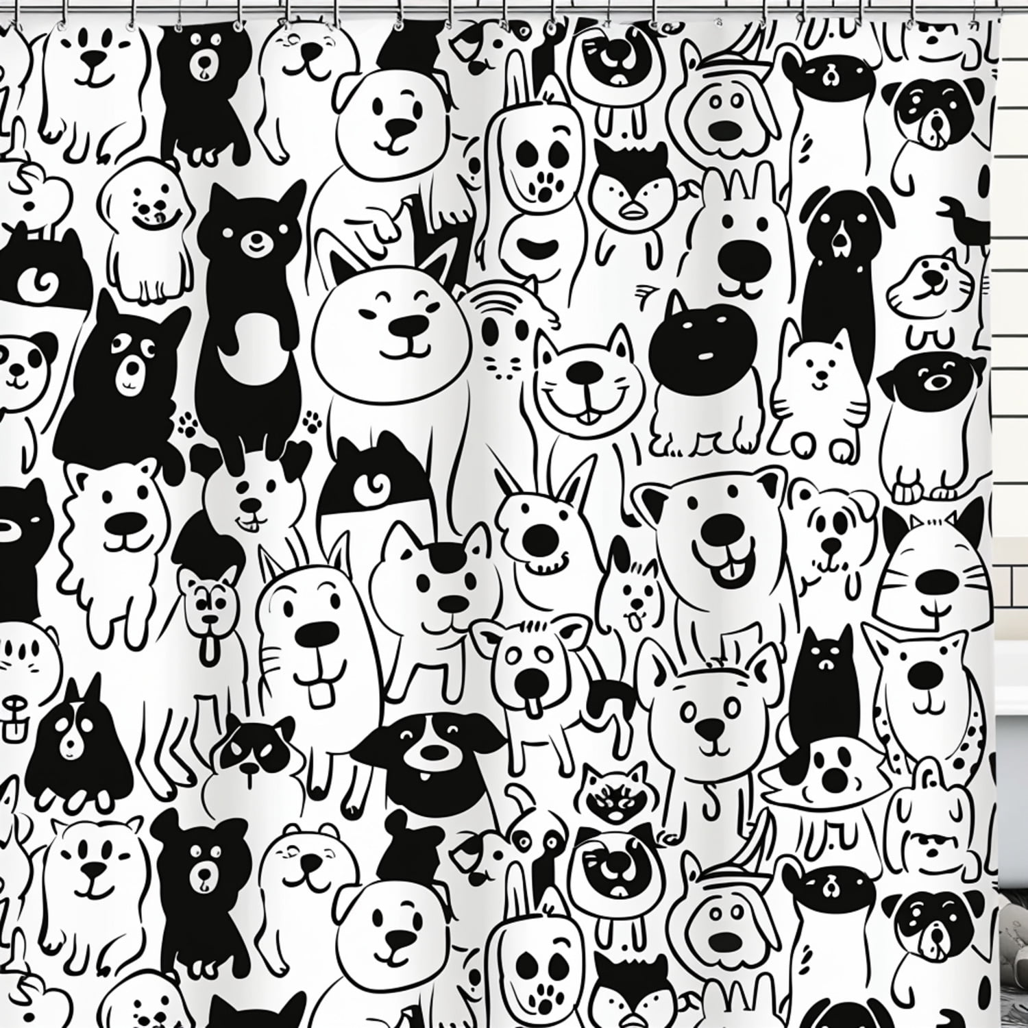 Black and White Cartoon Animal Shower Curtain Dogs Cats Pets Husky Pug