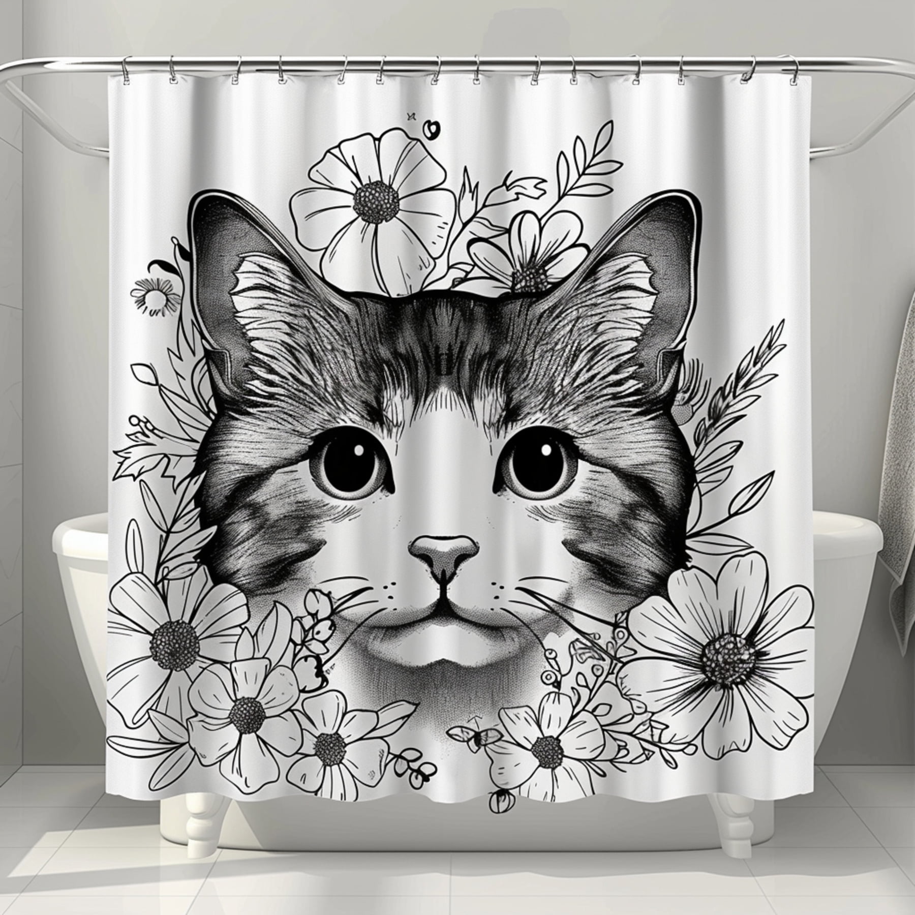 Black and White Cartoon Cat Face with Flowers Shower Curtain Detailed ...