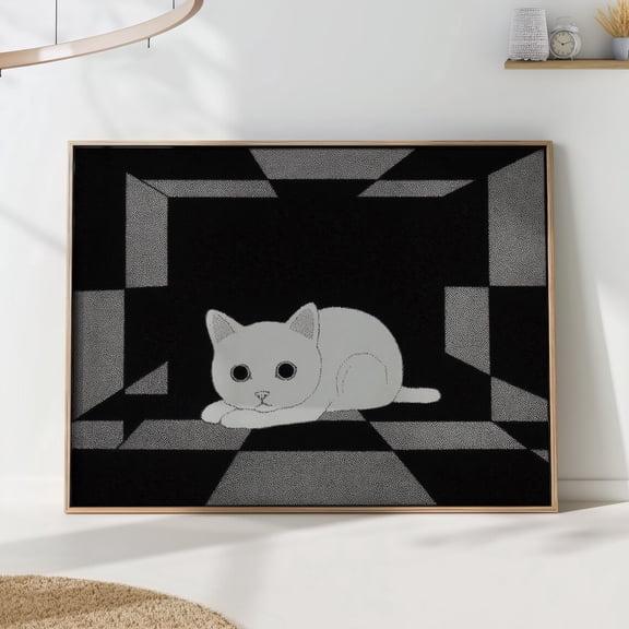 Black and White Cat Art Minimalist Geometric Op Art Decoration Unframed Paper Print