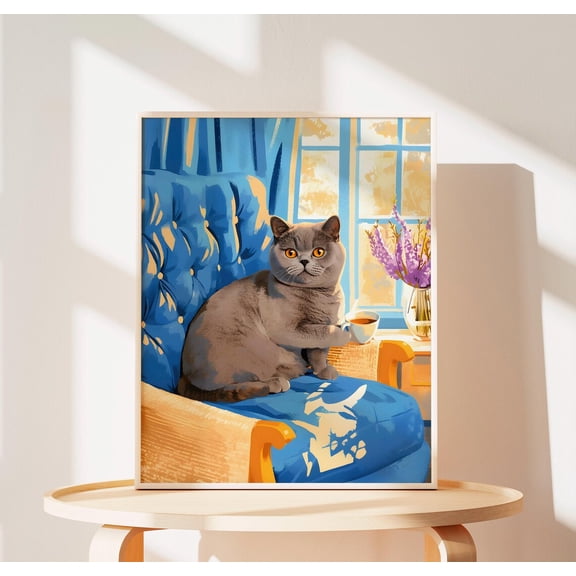 Black and White Cat Coffee Art Print, Morning Kitchen Decor, Modern, Unframed Paper Print Size 8x12