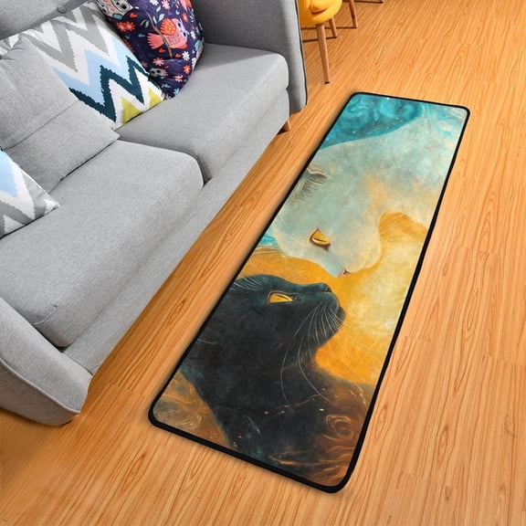 Black and White Cat Confront Long Floor Mat Runner Rug Area Mat Noise Reduction Water Absorbent Non-Slip 72" x 24"