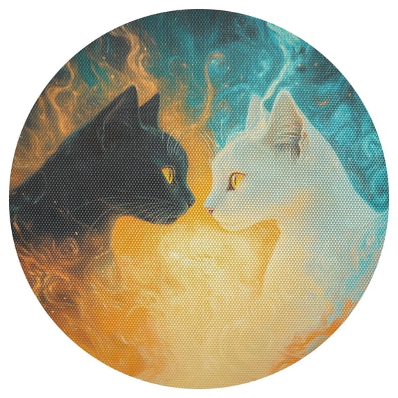 Black and White Cat Confront PVC Round Grid Placemat Table Mat 1 Pc 15.4" x 15.4"