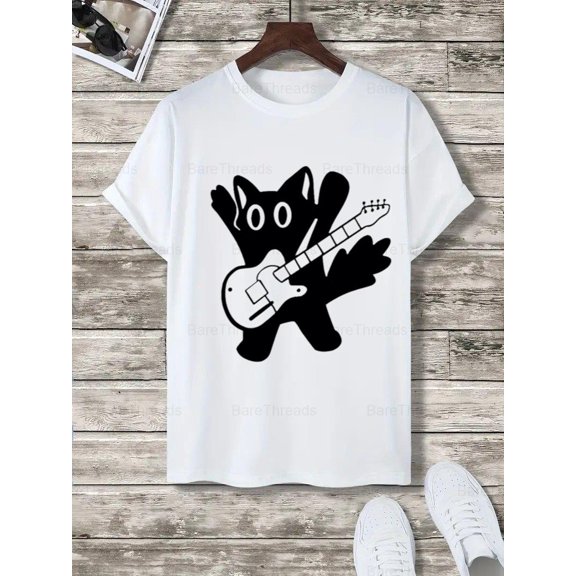 Black and White Cat Guitar T-Shirt - Cartoon Music Graphic Tee , For Men/Women,Up to 5XL