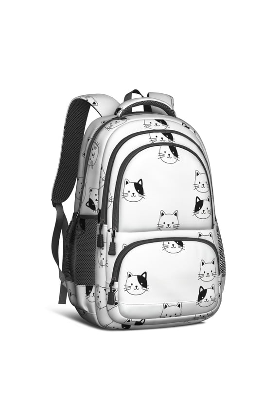 Black and White Cat Head Backpack for School, Cute School Bag with Adjustable Shoulder Straps and Padded Back, 16.9"x12.6"x5.9"
