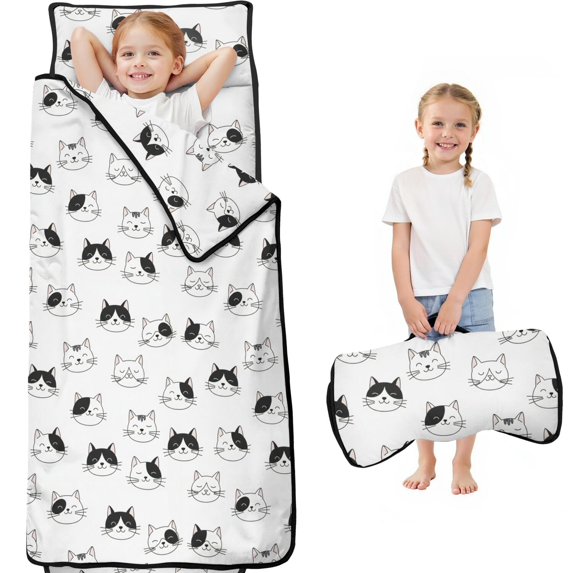 Black and White Cat Head Teens Toddler Nap Mat with Pillow, Sleeping Mat Bag for Preschool Daycare 59"x22"