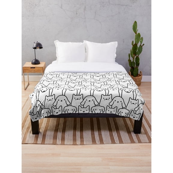 Black and White Cat Line Art Fleece Blanket, Polyester Fleece Fabric, 280 GSM, for Couch and Bed