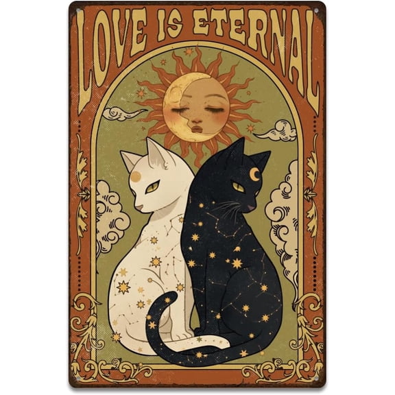 Black and White Cat Tin Signs Retro Metal Poster Sun Moon Plaque Vintage Decort Cartoon Sign Decorative for Home Living Room