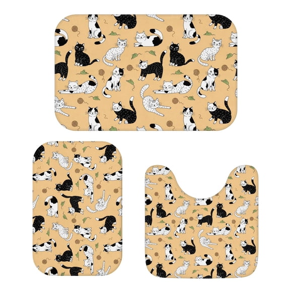 Black and White Cat and Mouse Orange Pattern Bathroom Rug Set 3 Piece,Non-Slip Bath Mat Set with U-Shaped Contour and Runner Soft Absorbent Washable