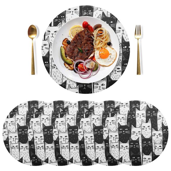 Black and White Cats Black Round Placemats Plate Mats 15 Inch Non-Slip Heat Resistant Washable PVC Set Indoor for Kitchen Dining Table 1PC