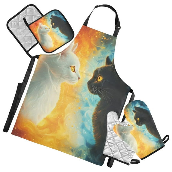 Black and White Cats Fight Apron Set with Oven Mitts Pot Holders Set of 5 Kitchen Stuff Accessories