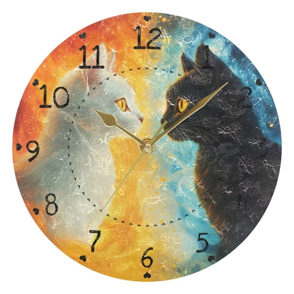 Black and White Cats Fight Round Wall Clock Silent Analog Battery Operated Gold Pointer Home Decor 9.84" Diameter