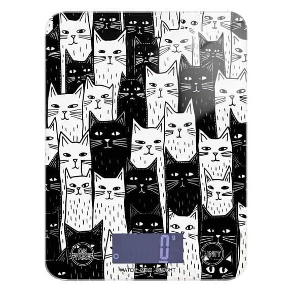 Black and White Cats Food Scale Digital Kitchen Scale Waterproof Tempered Glass Tare Function 11 lb for Baking Cooking Meal Prep