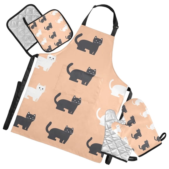 Black and White Cats Oven Mitts and Pot Holders with Chef Apron Set 5 Pcs Kitchen Cooking Set