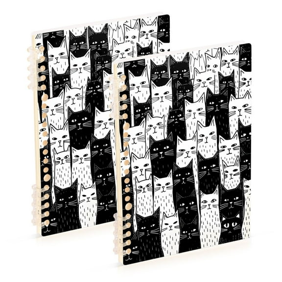Black and White Cats Ring Binder Notebook Journey Note Diary College Ruled Spiral Notebook Study Loose Leaf Paper A5 60 Pages