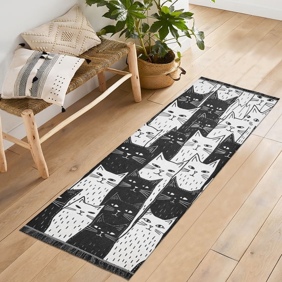 Black and White Cats Runner Rug Machine Washable Area Rugs Carpet Non Slip Entryway Mat for Bedroom Entryway Front Door