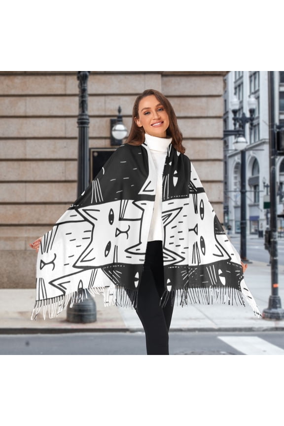 Black and White Cats Winter Scarf for Women Fashion Warm Long Soft Blanket Scarves Gifts
