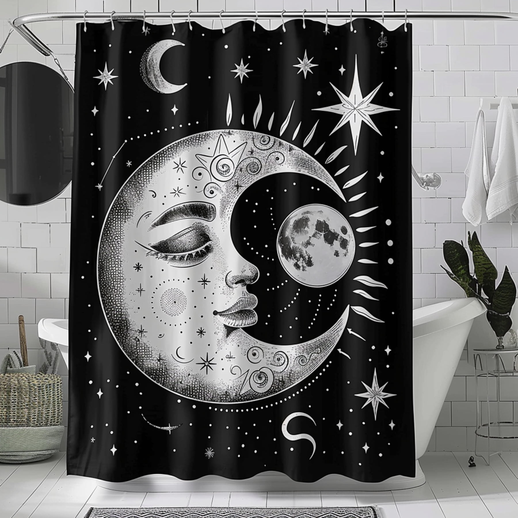 Black and White Celestial Moon Sun Face with Stars Witchy Aesthetic ...