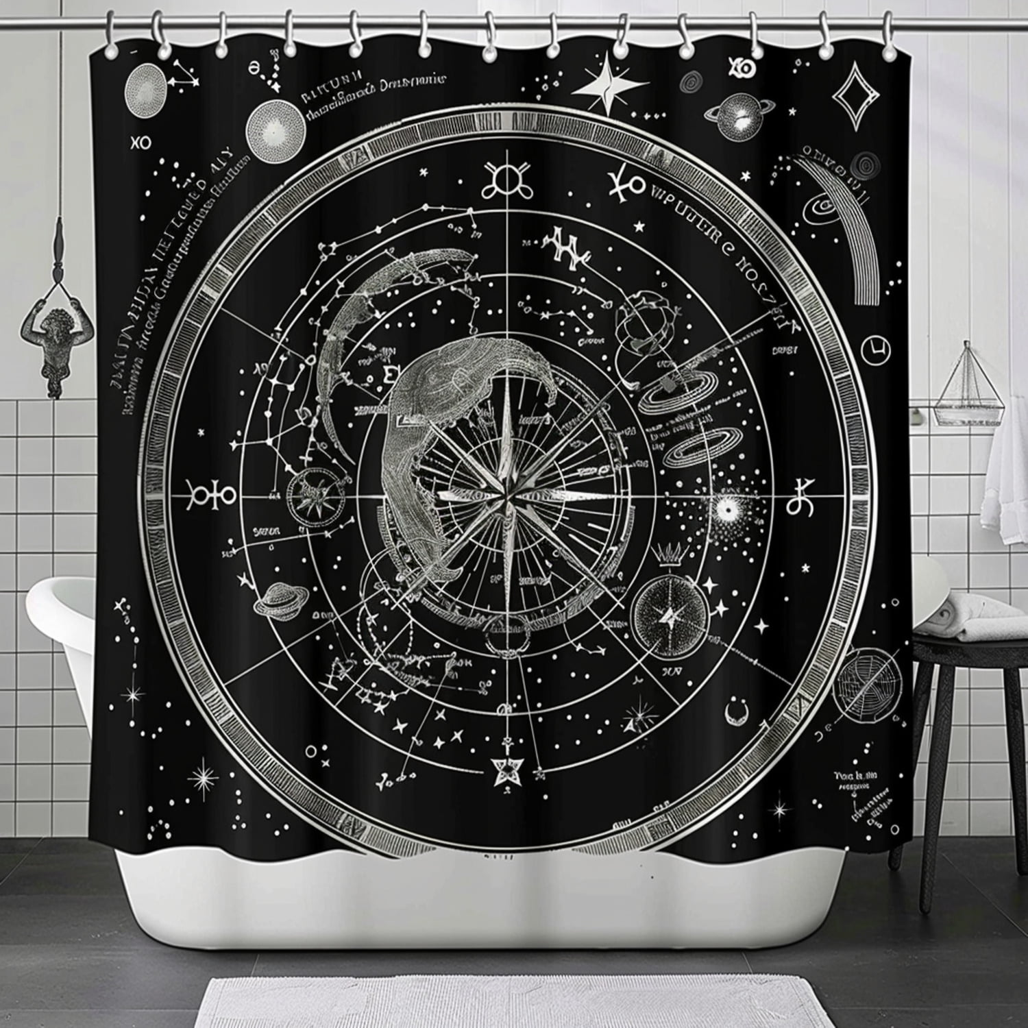 Black and White Celestial Star Map Zodiac Shower Curtain Bathroom Decor