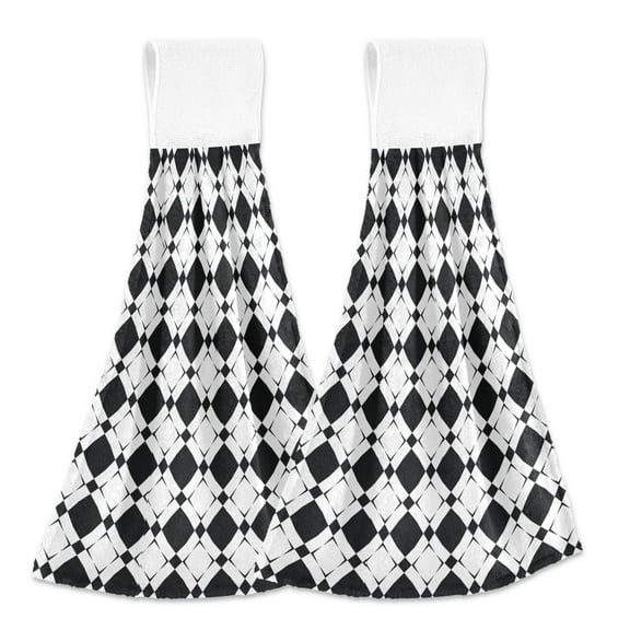 Black and White Checked 2pcs Bathroom Hanging Towels Velcro Soft Hand Towel Absorbent Tie Towels for Kitchen Toilet Tea Bar Washcloth