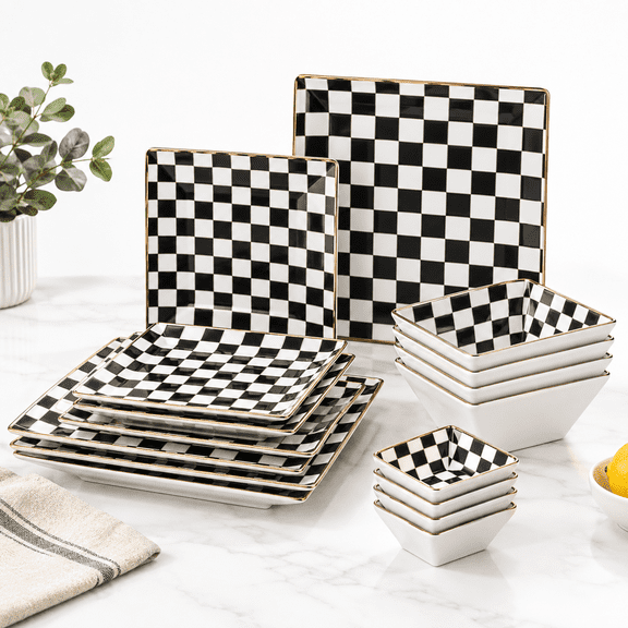 Black and White Checker Square Porcelain Dinnerware Set for 4, 16 Pieces Total