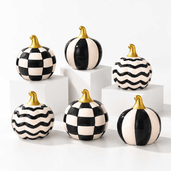 Black and White Checkered 6 Ceramic Pumpkin Fall Table Centerpiece Figurine