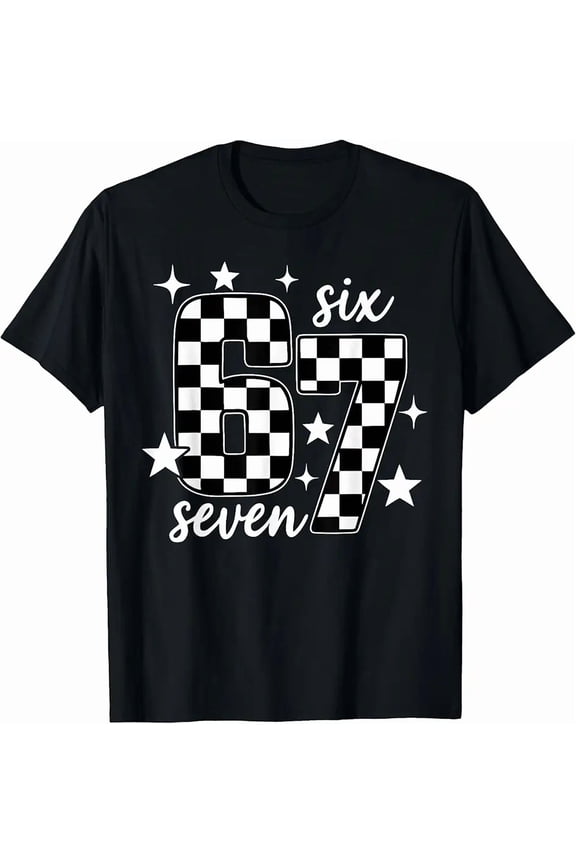 Black and White Checkered 67 Graphic for Unisex Short Sleeve T-Shirt