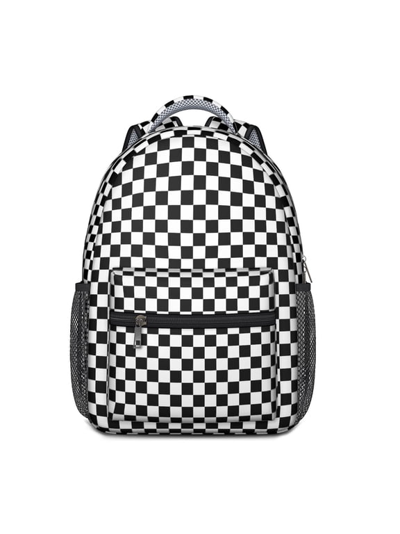 Black and White Checkered Backpack for School,Cute School Bag,Schoolbag with Adjustable Shoulder Straps & Padded Back,15.3"x11"x6.7"