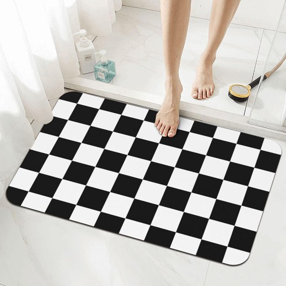 Black and White Checkered Bath Mat Rugs 16 x 24 Inch Diatomaceous Earth Doormat Non-Slip Absorbent for Bathroom Kitchen Floor Tub and Shower Sink