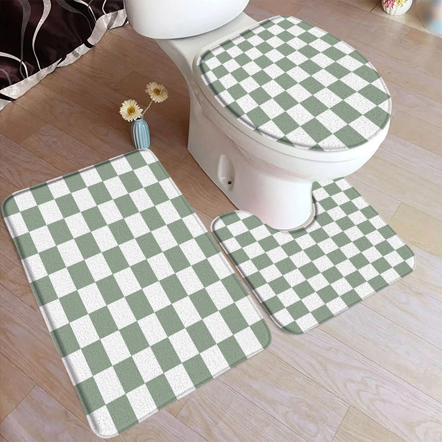 Black and White Checkered Bath Mat Set Modern Minimalist Geometric