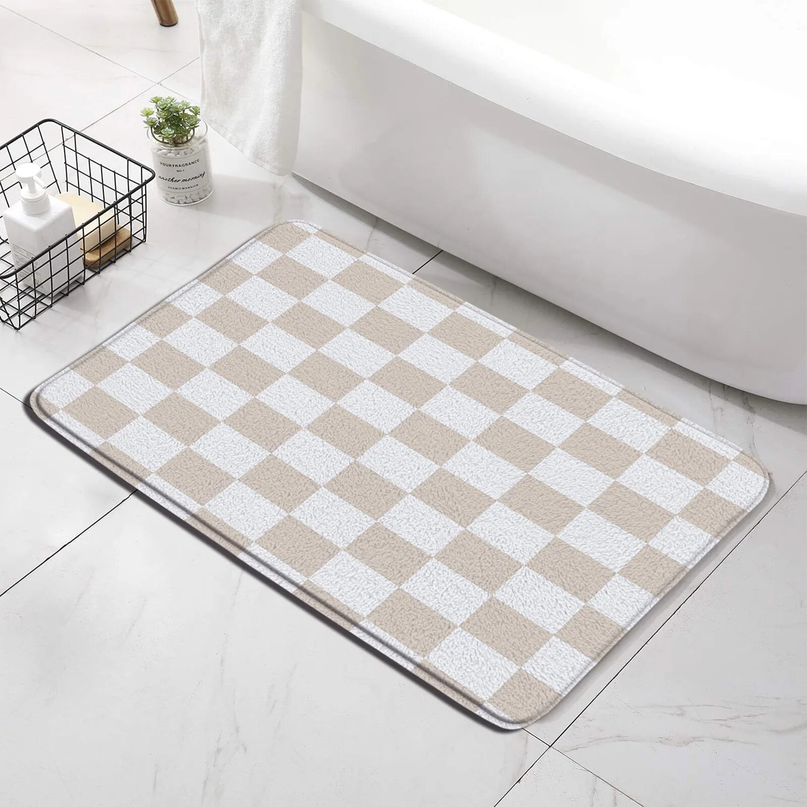 Black and White Checkered Bath Mat Set Modern Minimalist Geometric