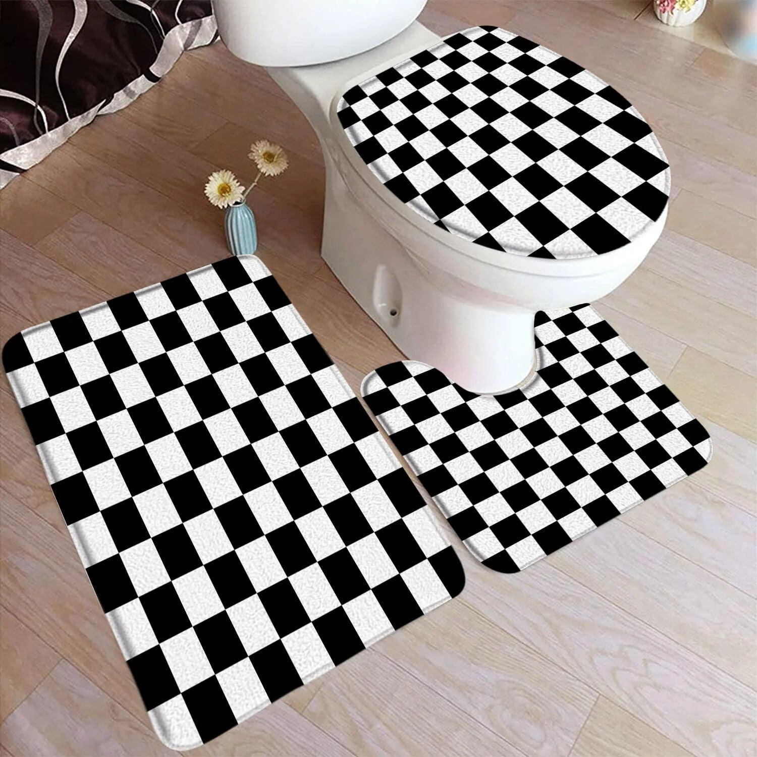 Black and White Checkered Bath Mat Set Modern Minimalist Geometric