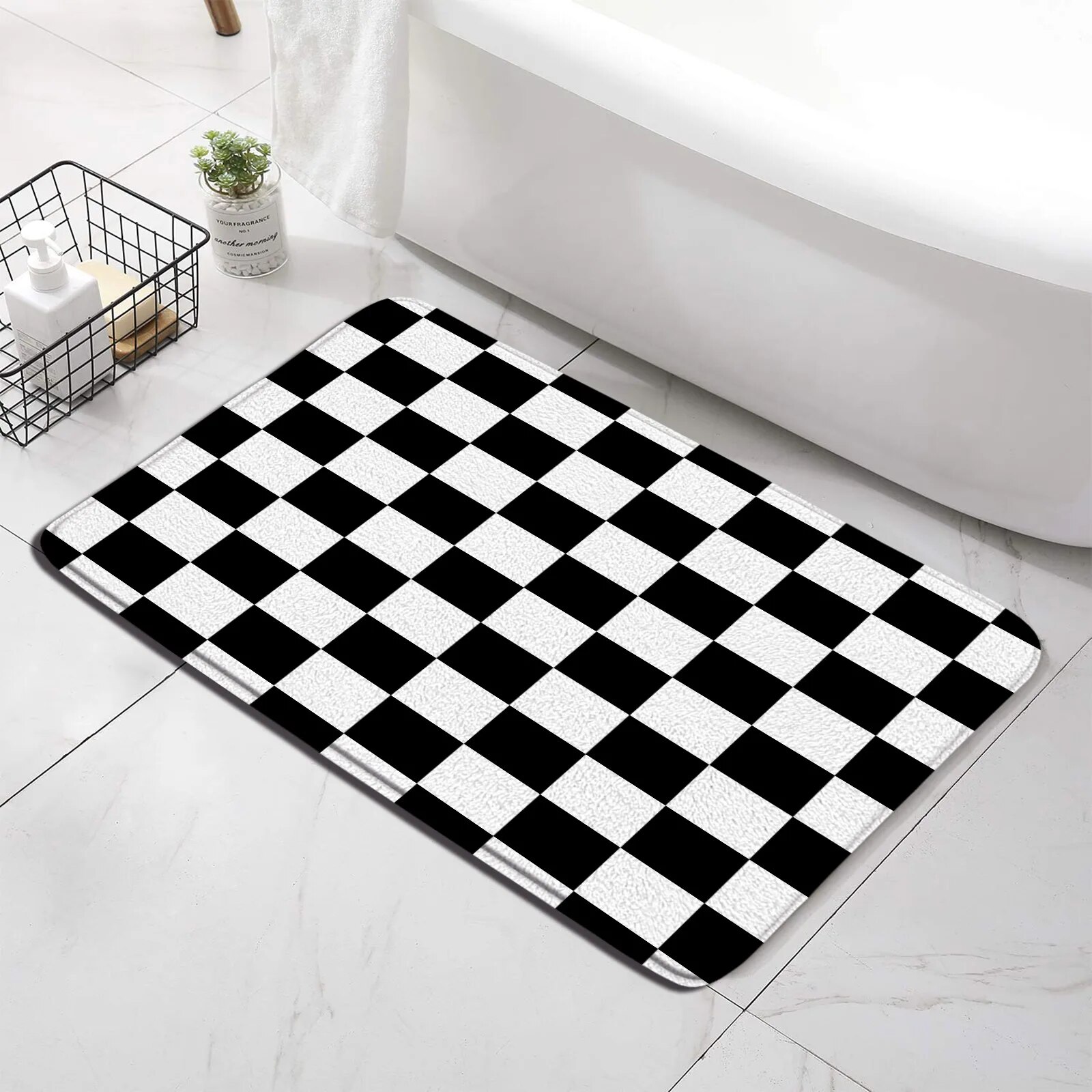 Black and White Checkered Bath Mat Set Modern Minimalist Geometric