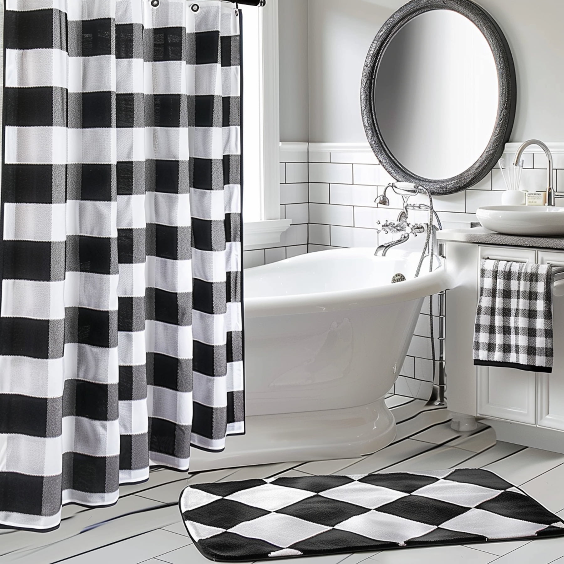 Black and White Checkered Bathroom Set with Grommeted Curtain s and s
