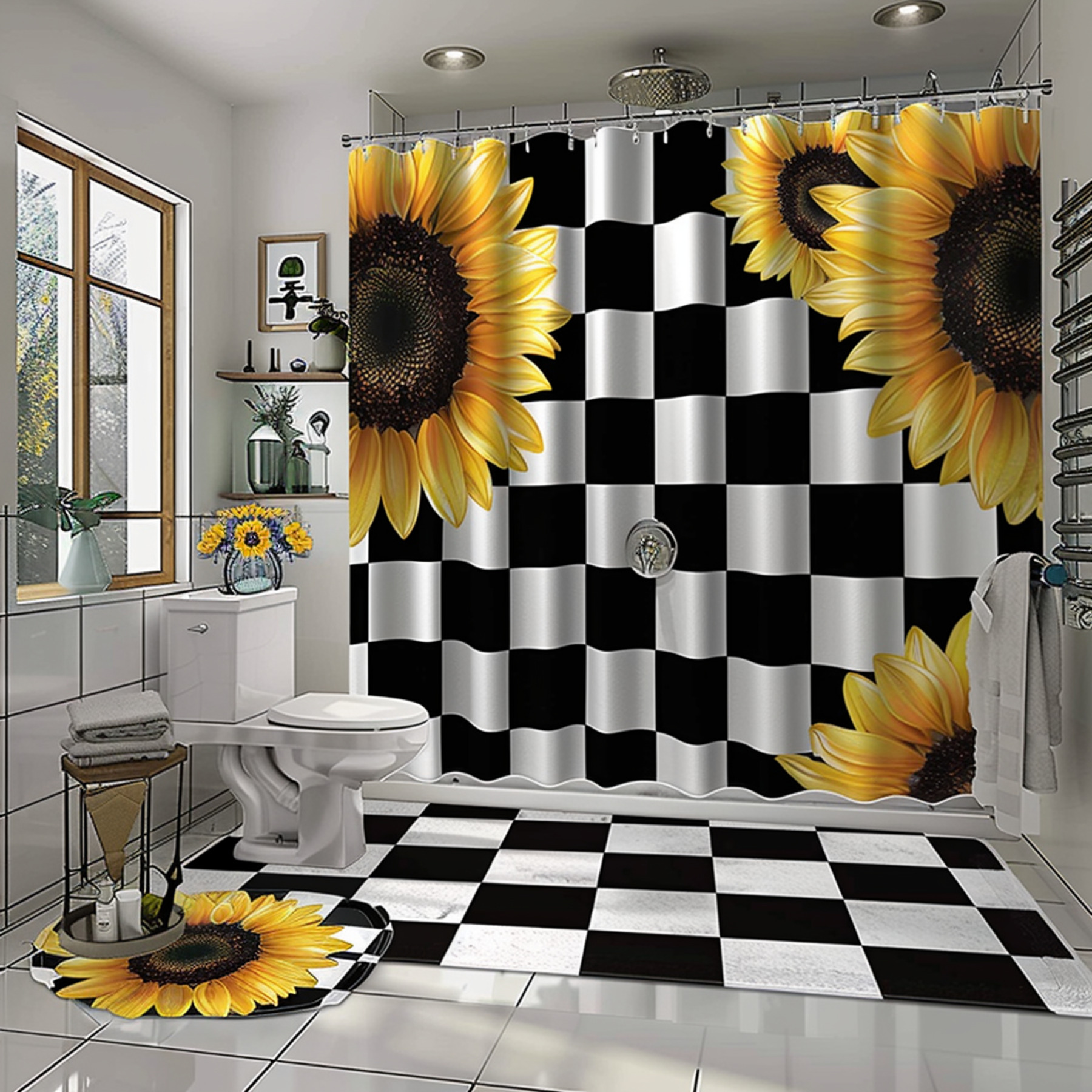 Black and White Checkered Bathroom Set with Sunflower Accents Shower