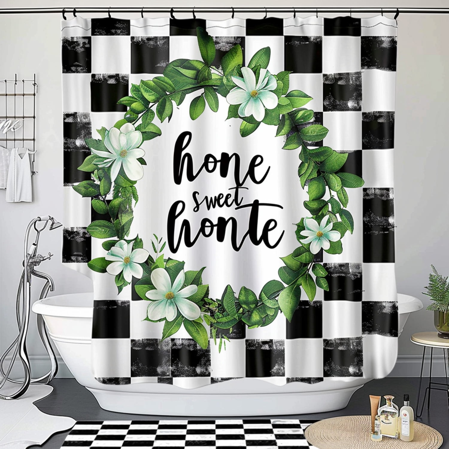Black and White Checkered Bathroom Shower Curtain with Greenery and ...