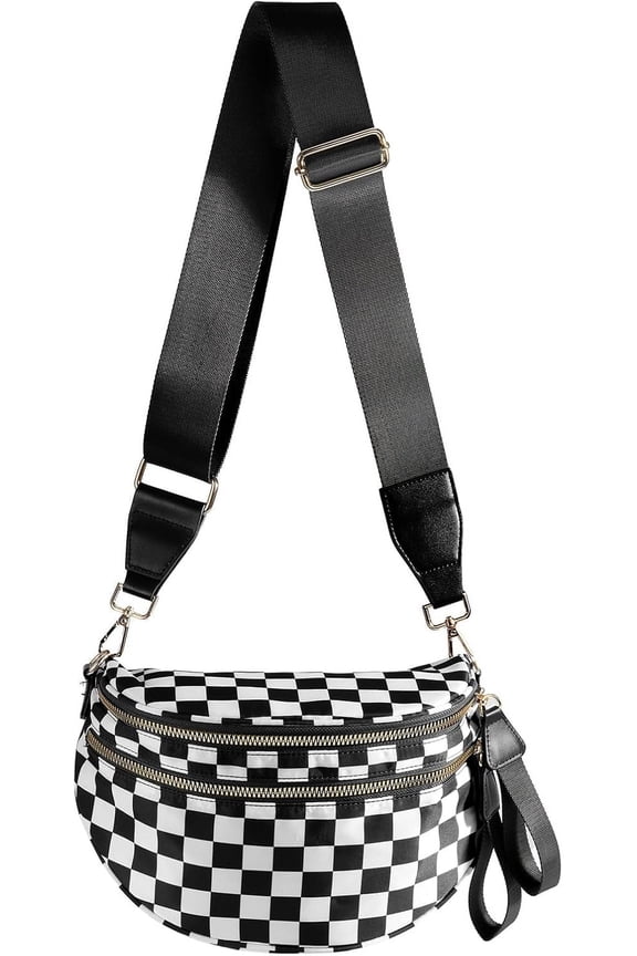 Black and White Checkered Crossbody Bag Bum Bag for Women,Spacious Checkered Purse Fanny Packs Belt Bag