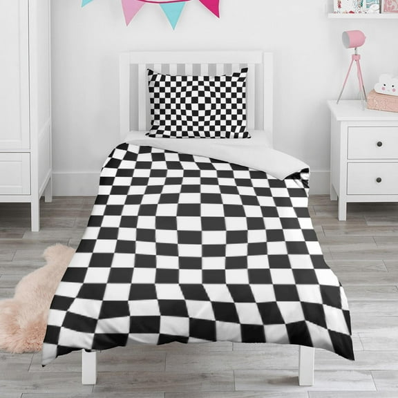 Black and White Checkered Duvet Cover and Pillowcase Set for Single Bedding, Bedroom Accessories for Kids Teens