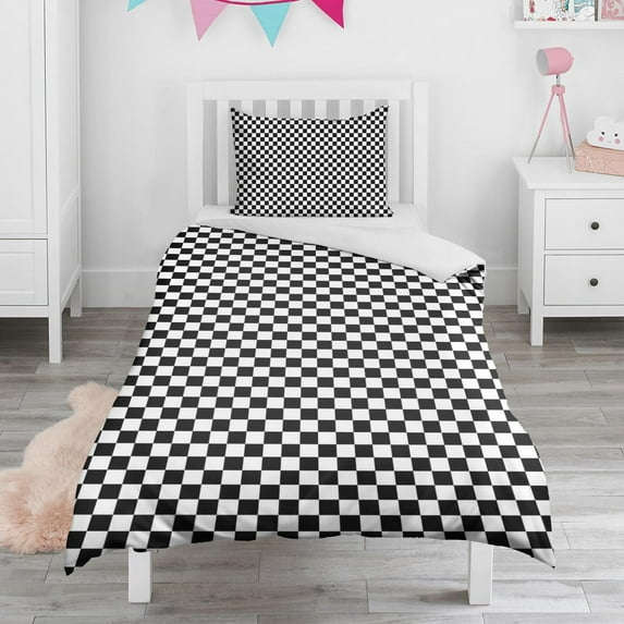 Black and White Checkered Duvet Cover and Pillowcase Set for Single Bedding, Bedroom Accessories for Kids Teens