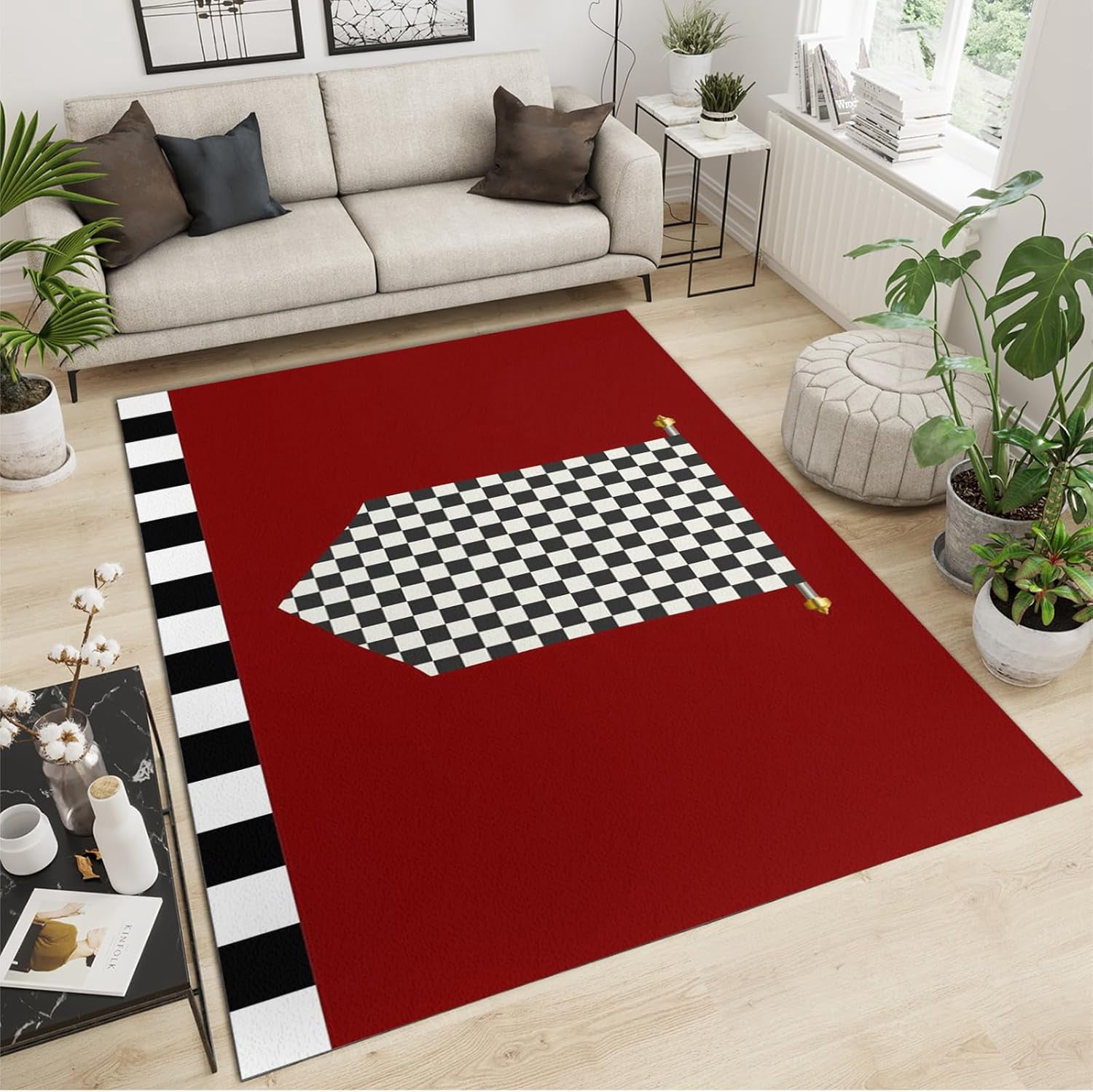 Black and White Checkered Flag Rug, Classic Red Rug, Easy-Cleaning ...