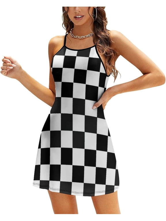 Black and White Checkered Flag Women's Dress Summer Crew Neck Casual Wear