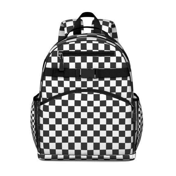 Black and White Checkered Pattern Backpack for School,Cute School Bag,Schoolbag with Adjustable Shoulder Straps & Padded Back,15.25"x11.5"x5.25"