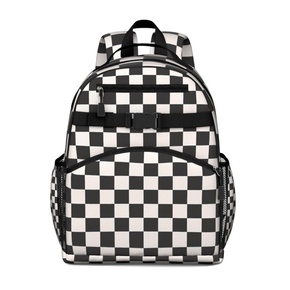 Black and White Checkered Pattern Backpack for School,Cute School Bag,Schoolbag with Adjustable Shoulder Straps & Padded Back,15.25"x11.5"x5.25"