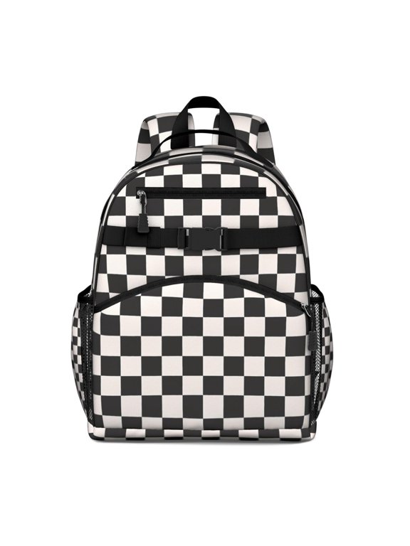 Black and White Checkered Pattern Backpack for School,Cute School Bag,Schoolbag with Adjustable Shoulder Straps & Padded Back,15.25"x11.5"x5.25"