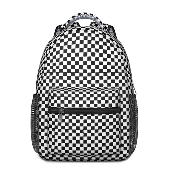 Black and White Checkered Pattern Backpack for School, Cute School Bag with Adjustable Shoulder Straps and Padded Back, 15.3"x11"x6.7"