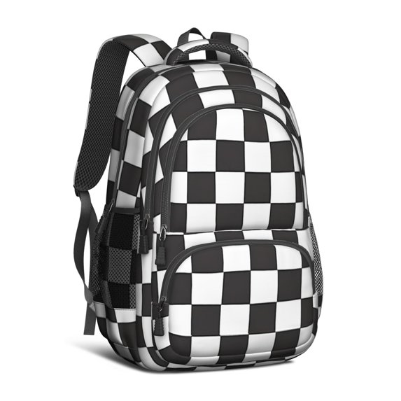 Black and White Checkered Pattern Backpack for School, Cute School Bag with Adjustable Shoulder Straps and Padded Back, 16.9"x12.6"x5.9"