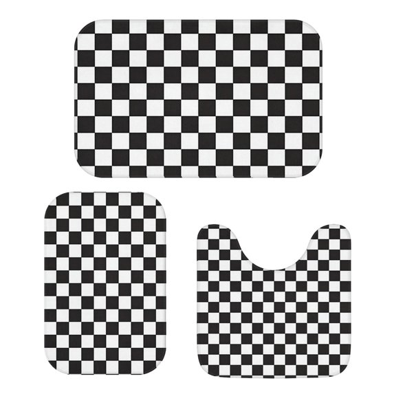 Black and White Checkered Pattern Bathroom Rug Set 3 Piece,Non-Slip Bath Mat Set with U-Shaped Contour and Runner Soft Absorbent Washable