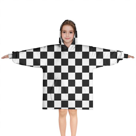 Black and White Checkered Pattern Blanket Hoodies for Kids 6-13YR Oversize Wearable Blanket Hoodies for Boys Girls Teens