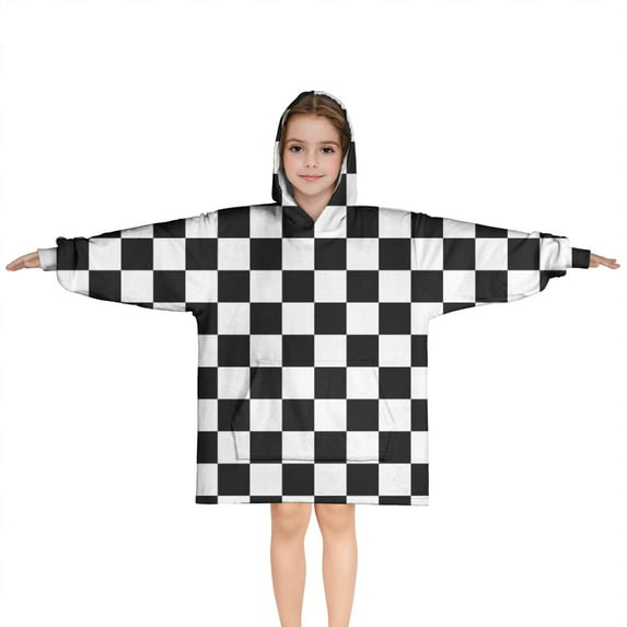 Black and White Checkered Pattern Blanket Hoodies for Kids 6-13YR Oversize Wearable Blanket Hoodies for Boys Girls Teens
