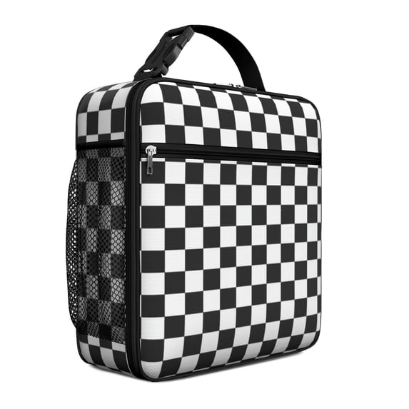 Black and White Checkered Pattern Insulated Lunch Bag Teens,Lunch Box for Men Women for Work,Picnic or Travel,10.2x9.5x4.3 Inches,8 Can Capacity